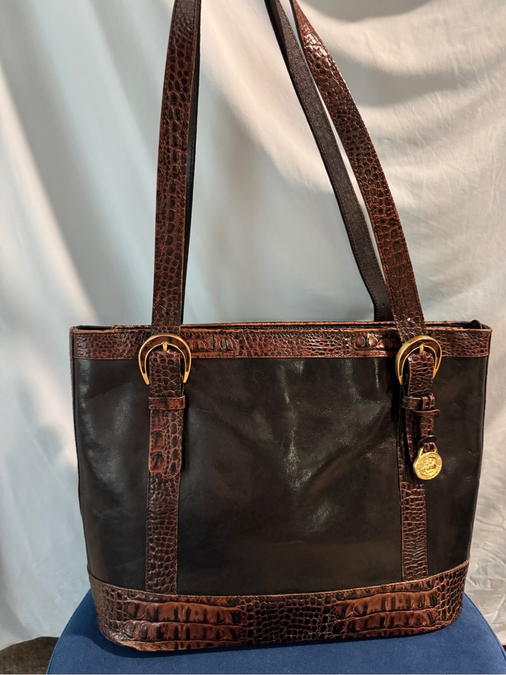 Brahmin Tuscan Collection Tote Shoulder Bag Black Leather Brown Croc Embossed - Picture 2 of 16